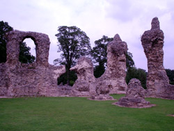 The ruins of St. Edmundbury Abbey, now a lovely park. This is the main part of the cathedral. The four pillars held the dome up and you can see a window frame on the left.