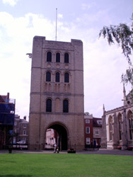This is the Norman Tower, constucted around 1120-1148 or so. It's one of the few Norman structures still standing and is now used as the bell tower of the current cathedral.