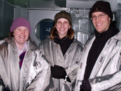 The rest of us, also in the shiny 'thermal coats' provided for bar-goers. Here, you can tell that the bar is actually in a freezer. It was cooled to -10, but since the temperature on the street outside was -8 they weren't cooling it much.
