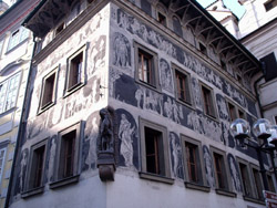 The unbombed city of Prague has great, old buildings. One cool local style is scraping the plaster off to reveal the mortar and make designs. It's called sgraffito. Cool name, too.