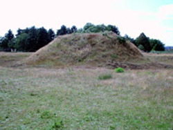 One of the reconstructed earth mounds at Sutton Hoo. The one in which the ship burial was found is twice as large as this. And cause we did a tour of the site we actually got to go into the site and climb on the mounds!