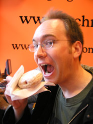 Andrew comes to grips with ein berliner, or jam dounut, made famous by JFK's gaff. Most historians assume he meant to declare solidarity with the divided people of Berlin by saying 'I am a Berliner' rather than announcing himself a jam dounut.
