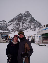 After a day's skiing - hopefully we don't look too tired. That's the Matterhorn in the background, famous on every box of toblerone chocolate.