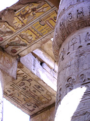 Coloured hieroglyphs on the roof of Hypostyle Hall in Karnak temple. It's amazing to realise that these inscriptions are some 3000 years old and still retain their original colours.