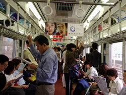 Advertising on a Japanese city train is just above (local) head height