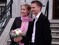 The happy couple before the wedding, infront of the Islington Town Hall.