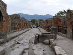 One of the many streets of Pompeii. In the foreground are the raised stone stepping stones that allowed Pomeiians to cross the street without getting down into the filth. You can also see wheel tracks left by the carts of so long ago.