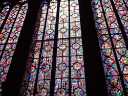 Some of the many coloured windows inside Saint Chapelle. Apparently there are bibles scenes on them, but they are a bit hard to read.
