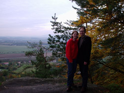 We have a lot of photos of pretty Cesky Raj trees, but here's one of us in front of some. Autumn with altitude.