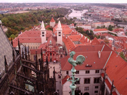 Looking out from the top of St Vitus' church over the Prague Castle. You can see some of Prague's bridges in the background.